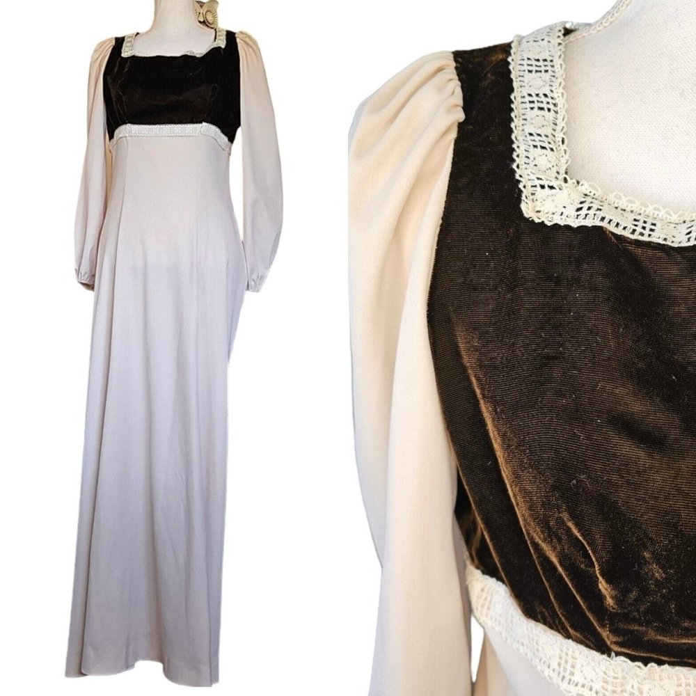 Vintage 70s Size 6 Cream Brown Velvet Prairie‎ Dress Long Square Neckline